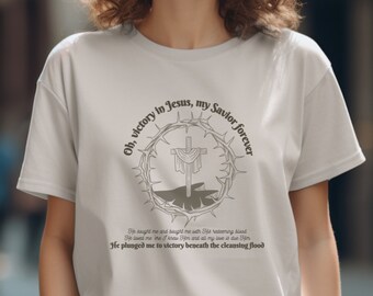 Victory in Jesus, Hymn T-shirts for Her, Worship Gifts for Mom, Casual Easter Apparel, Trendy Church Outfit, Vintage Religious Song Lyric Ts
