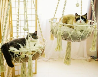 Cute Woven Macrame Hanging Cat Bed Pet Hammock with Tassles and Pillow