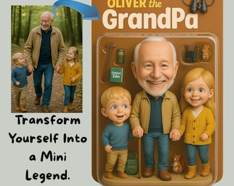 May include: A digital download product featuring a cartoon-style illustration of a grandfather with two grandchildren. The image includes the text "OLIVER the Grandpa" and "Transform Yourself Into a Mini Legend."