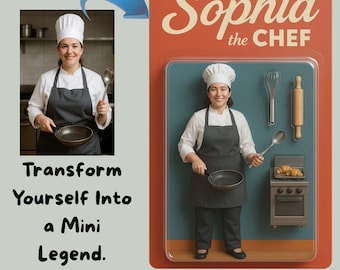 May include: A digital download featuring a woman dressed as a chef, holding a pan and spoon, with the text "Sophia the CHEF". The image includes a miniature kitchen scene with a stove, whisk, and rolling pin. Text reads "Transform Yourself Into a Mini Legend."