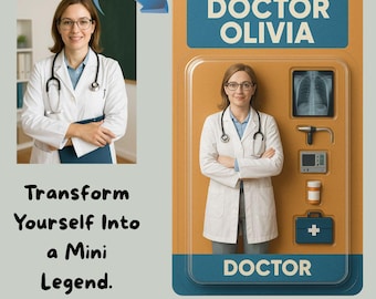May include: A digital download featuring a woman in a white lab coat, glasses, and a stethoscope, labeled "Doctor Olivia." The image includes medical tools and the text "Transform Yourself Into a Mini Legend." The product is a digital download only.