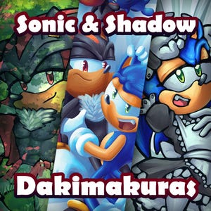 May include: A rectangular dakimakura pillow cover featuring three distinct digital illustrations of Sonic and Shadow. The text Sonic & Shadow Dakimakuras is printed in a bold white font at the top and bottom of the colorful character artwork.
