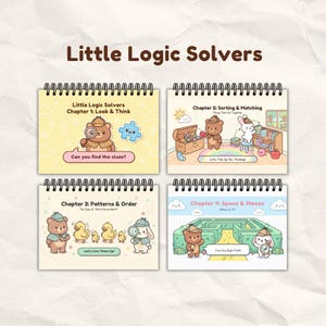 May include: Four spiral-bound activity books titled Little Logic Solvers. Each page features cartoon animals like bears and rabbits in detective outfits. Chapters include Look & Think, Sorting & Matching, Patterns & Order, and Space & Mazes.