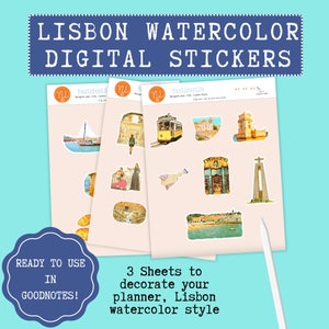 Lisbon Watercolor Digital Stickers for Goodnotes, Lisbon Digital clipart, Lisbon Diary, Portugal Digital Planning, Lisbon Journal Stickers