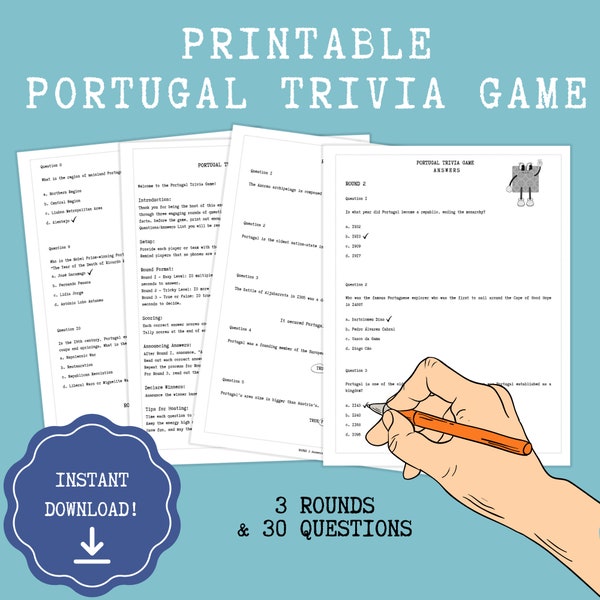 Printable Portugal Trivia Game, Portugal Trivia Night Party, Printable Fun Quiz, Portugal Theme Party Game, Farewell Party or Welcome Party