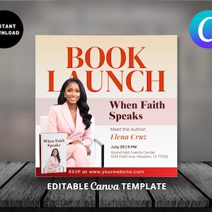 Può includere: Grafica promozionale per un evento di lancio di un libro. Il design presenta una donna in tailleur rosa, la copertina del libro e i dettagli dell'evento. Il testo include "BOOK LAUNCH", "When Faith Speaks" e il nome dell'autrice, Elena Cruz.