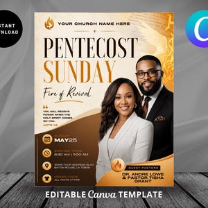 Könnte beinhalten: Werbeflyer für den Pfingstsonntag, mit einer warmen Farbpalette in Gold- und Brauntönen. Das Design enthält den Text "Pfingstsonntag" und "Feuer der Erweckung" sowie Bilder von zwei Personen. Der Flyer enthält auch Servicedetails und den Satz "Bearbeitbare Canva-Vorlage."