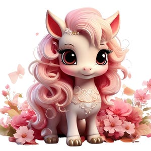 Joli clipart floral poney - 10 adorables graphiques PNG, imprimés floraux, téléchargement immédiat, usage commercial illimité pour l&#39;artisanat et la conception