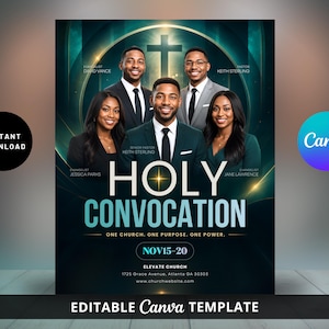 Può includere: Un modello di volantino digitale per un evento ecclesiastico Holy Convocation. Il design presenta cinque persone in abbigliamento formale, un'icona a croce e il testo: HOLY CONVOCATION, ONE CHURCH. ONE PURPOSE. ONE POWER. NOV 15-20, ELEVATE CHURCH, 1725 Grace Avenue, Atlanta GA 30303.