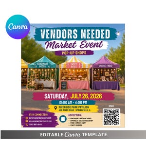Puede incluir: Un folleto digital para un evento de mercado titulado VENDORS NEEDED MARKET EVENT POP-UP SHOPS el sábado 26 de julio de 2026, de 10:00 a 16:00 en Riverside Park Pavilion, 456 River Road, Springfield, IL, con tres coloridas carpas de vendedores.