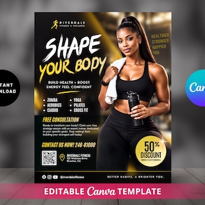 May include: A fitness flyer template featuring a black and gold colour scheme with the text SHAPE YOUR BODY. It includes a list of classes like Zumba, Yoga, and Pilates, contact information, a QR code, and a 50% discount badge for new customers.