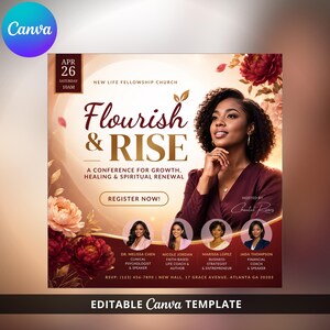 Puede incluir: Un folleto cuadrado para la conferencia Flourish & Rise en la New Life Fellowship Church el 26 de abril a las 10 a.m. Presenta a una mujer con una blusa granate, detalles florales y cuatro oradores. El texto incluye Register Now y los detalles.