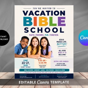 VBS Flyer Template Canva | Vacation Bible School Invitation | Kids Church Camp Poster | Editable Summer Ministry Event Flyer Download