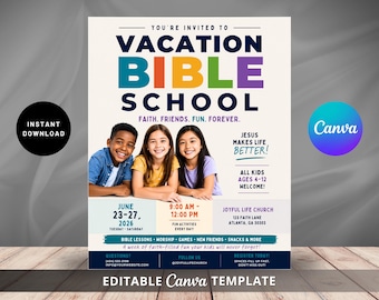 VBS Flyer Template Canva | Urlaub Bibel Schule Einladung | Kinder Kirche Lager Poster | Bearbeitbarer Sommer Ministrierung Event Flyer Download