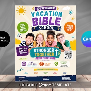 Peut inclure: Un modèle de flyer coloré pour une école biblique de vacances avec quatre enfants souriants. Le texte inclut You're Invited, Vacation Bible School, Stronger Together, et les détails de l'événement du 23 au 27 juin 2026 à Atlanta, GA.