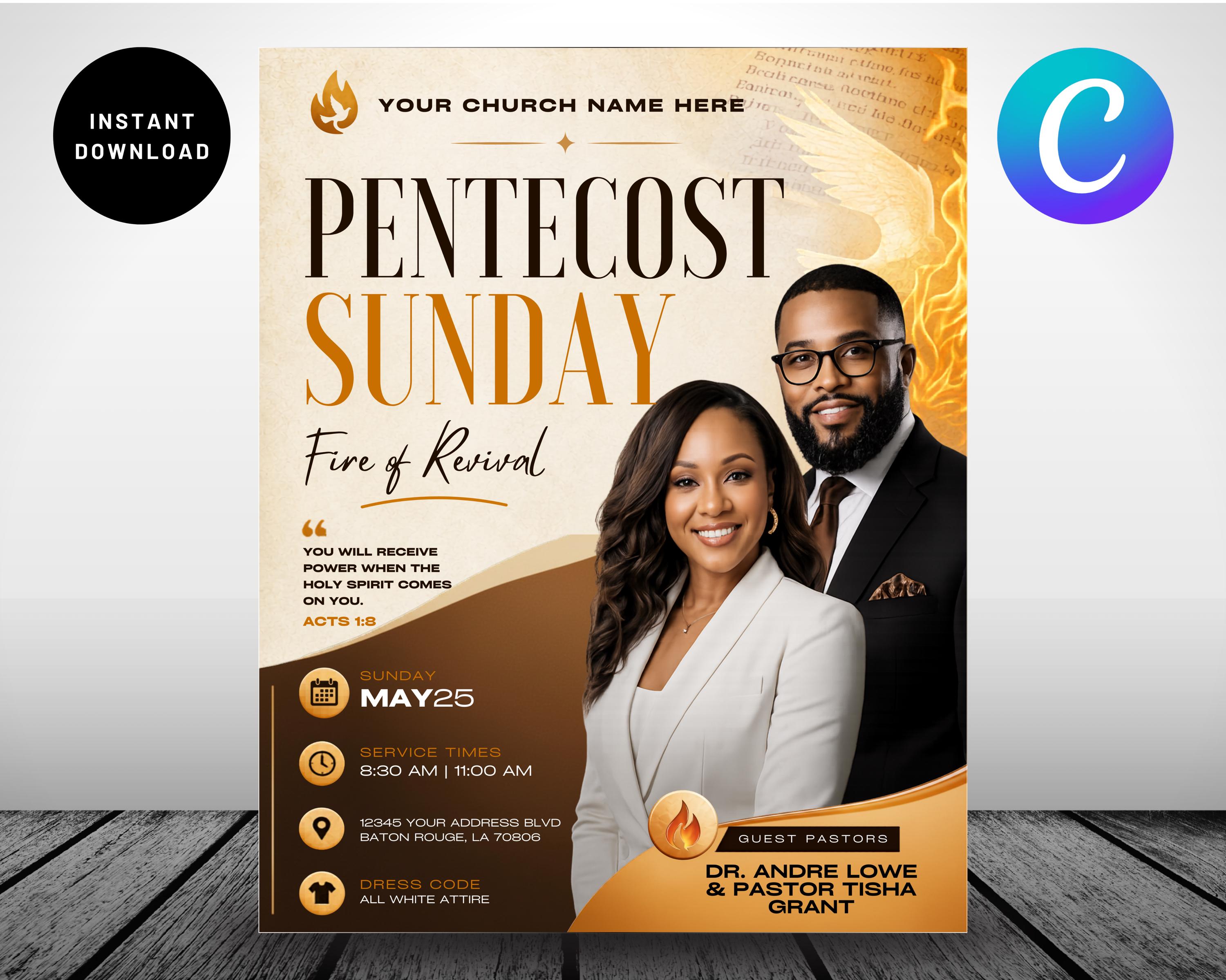 Pentecost Revival Flyer Template Canva | Sunday Worship & Holy Spirit ...