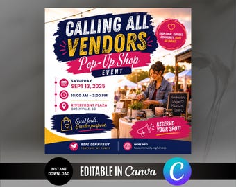 May include: A square digital flyer for a Pop-Up Shop event on Saturday, 13 Sept 2025, at Riverfront Plaza, Greenville, SC. The text reads Calling All Vendors, Pop-Up Shop Event, 10:00 AM - 3:00 PM, Great finds. Greater purpose., and Reserve Your Spot!.