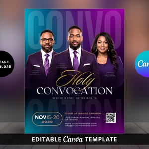 May include: A digital flyer template for a Holy Convocation event featuring three people in formal attire. Text includes Pastor Jenny Holoway, Pastor Caleb Johnson, Pastor James Williams, River of Grace Church, Nov 15-20 2026, and Atlanta address.