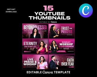 YouTube Thumbnail Templates Canva | 15 Editable Church, Sermon & Podcast Thumbnails | Christian YouTube Branding Kit | Instant Download