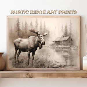 May include: A black and white illustration of a moose standing in a forest by a lake with a cabin in the background.