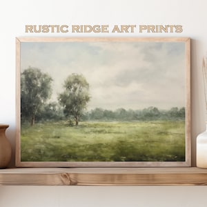 Arte de parede para impressão, prado de gramas verdes com árvores ao longe e céu nublado, estilo de pintura a óleo vintage, arte de prado | RR0080