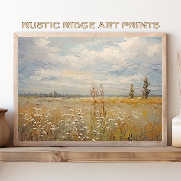 Printable art, summer landscape, a field with white flowers and trees on the horizon, cloudy skies, vintage oil painting style | RR0052