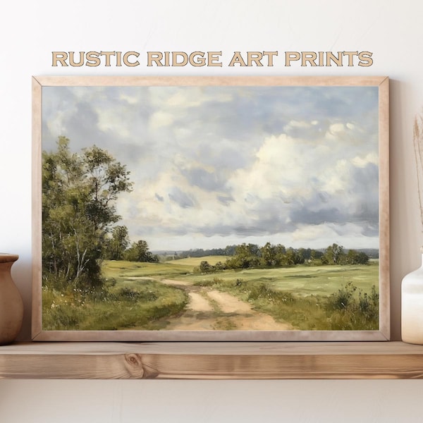 Printable wall art, vintage oil painting, summer countryside landscape, dirt road, cloudy sky, green trees and grass, rustic decor | RR0131