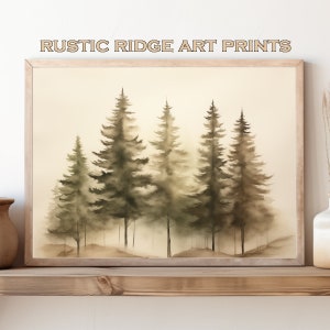 Puede incluir: Una impresión artística enmarcada que presenta una pintura a la acuarela de altos árboles de hoja perenne en un bosque brumoso. La obra de arte está en tonos de verde y marrón, con el texto "RUSTIC RIDGE ART PRINTS" en la parte superior. El marco es de madera clara.