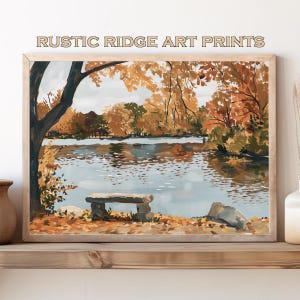 May include: A digital painting depicting a lake scene with autumnal foliage. The lake is blue and the trees are a mix of yellow, orange, and brown. A stone bench is in the foreground.
