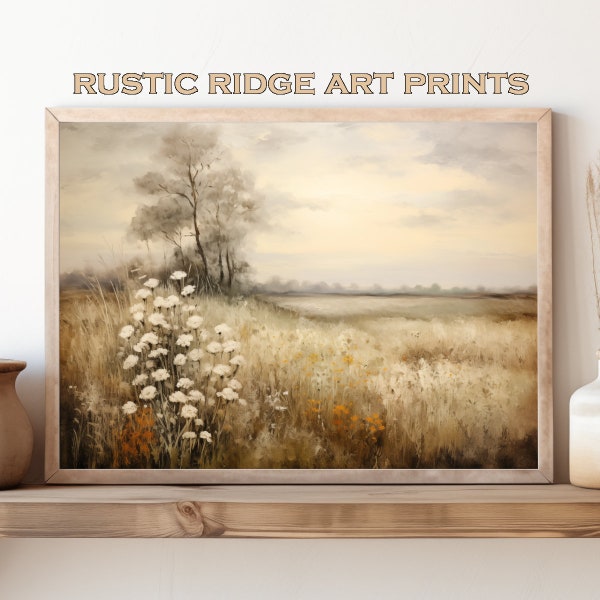 Printable art, meadow with wildflowers, in muted colors and neutral tones, with hazy background, vintage oil painting style | RR0050