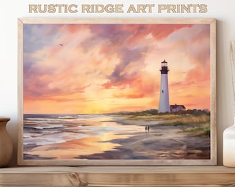 Printable art, beautiful lighthouse at sunset, people walking along the shore. The sky is soft orange and pink, watercolor style | RR0026