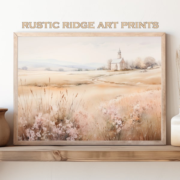 Printable art, beautiful autumn meadow with wild flowers and small white church in the distance, watercolor style | RR0031