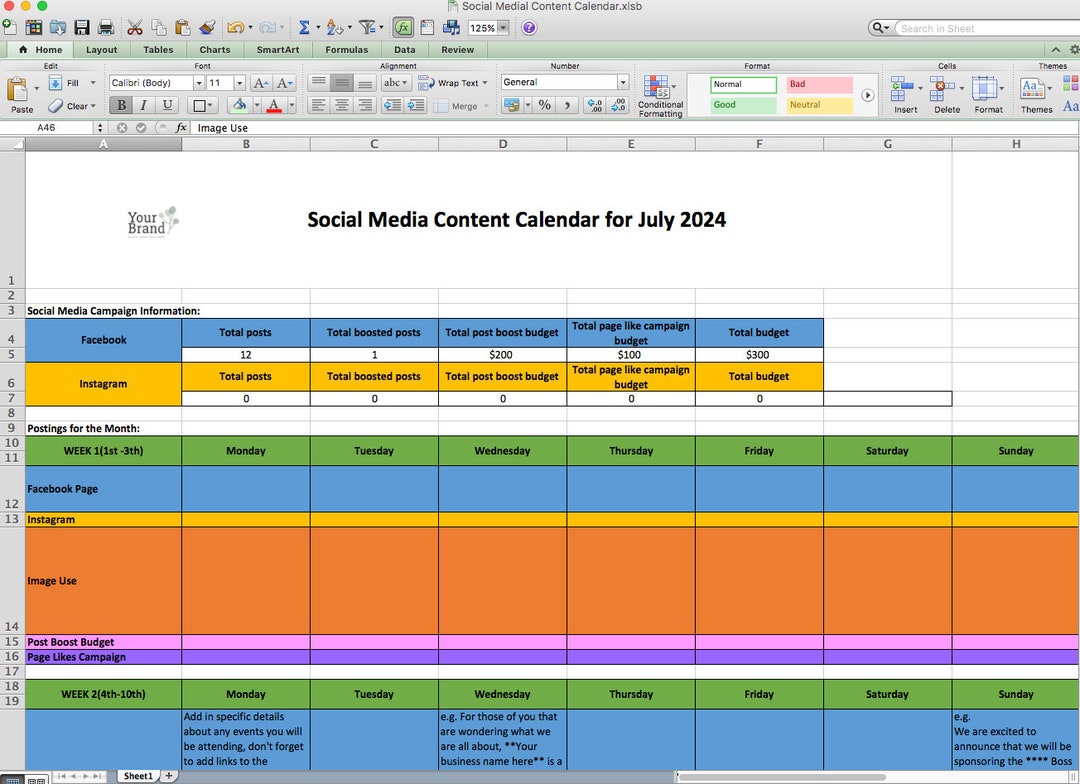 Social Media Content Calendar Template Etsy