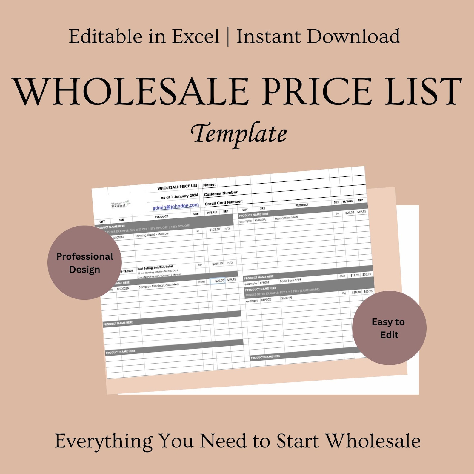 Wholesale Price List | Editable Pricing Sheet | Line Sheet | Excel ...