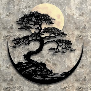 May include: A black metal bonsai tree sculpture with a full moon in the background. The tree is set within a crescent shape, creating a serene and artistic wall decor piece. The background has a textured, marbled appearance.