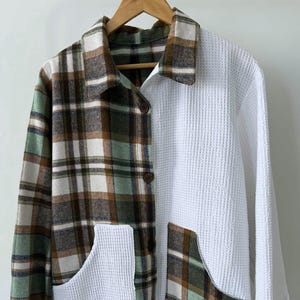 Handmade Two-Tone Shacket – Green Check & Waffle Fabric, Sustainable Oversized Jacket