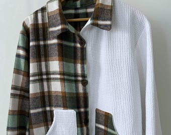 Handmade Two-Tone Shacket – Green Check & Waffle Fabric, Sustainable Oversized Jacket