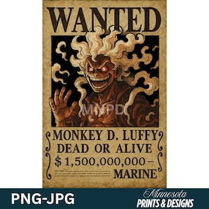 Luffy Gear 5 Wanted Poster – Anime Wall Art Print, One Piece Decor, Gear Fifth Poster, Manga Collectible, Otaku Gift for Fans