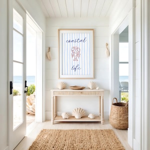 Coastal Life – Beachy Lobster Wall Art Printable | Nautical Stripe Decor | Digital Download