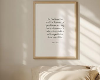 Impresión de Juan 3:16, Porque de tal manera amó Dios al mundo, Versículo bíblico para pared, Póster cristiano