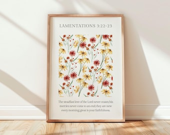 Klaagliederen 3:22-23 Afdrukbare muurkunst – His Mercies Are New Every Morning – Bijbelvers digitale download – christelijk interieur