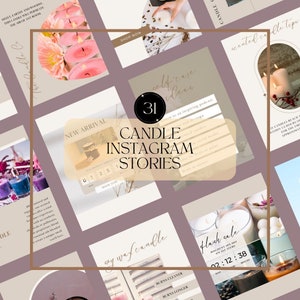 Könnte beinhalten: Eine Collage von Instagram-Story-Vorlagen für ein Kerzengeschäft. Die Vorlagen zeigen Bilder von Kerzen, Text über Neuankömmlinge, Verkäufe und Selbstpflege-Ideen sowie den Text "Candle Instagram Stories".