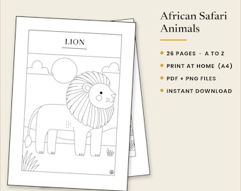 Dibujos para colorear de animales de la sabana africana, alfabeto animal de la A a la Z para imprimir, 26 láminas para colorear para niños, descarga digital instantánea, PDF y PNG.