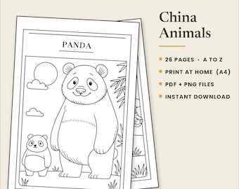 Dibujos para colorear de animales de China, alfabeto animal de la A a la Z para imprimir, láminas para colorear de pandas, 26 páginas, descarga digital instantánea en PDF y PNG.