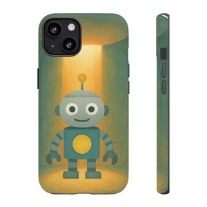 Op de afbeelding: Telefoonhoesje met een cartoon robot ontwerp. De robot heeft een tealkleurig lichaam, een grijze kop en een gele cirkel op de borst. De achtergrond is lichtgeel met een teal rand.