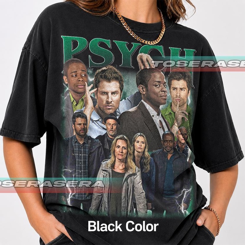 May include: A black short-sleeve t-shirt featuring a graphic print of the cast of the television show Psych. The design includes the word Psych in large green letters at the top, with various character portraits layered over a dark background.