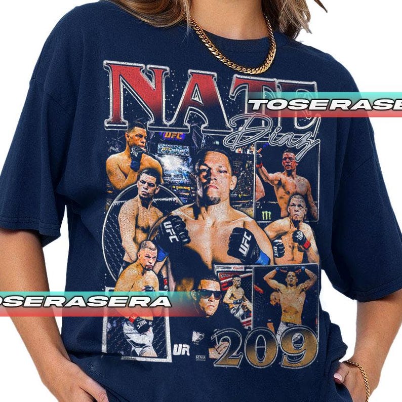 May include: A navy blue short-sleeve t-shirt featuring a large graphic print of Nate Diaz. The design includes multiple photographic panels of the fighter in action, the text NATE DIAZ in bold lettering, and the number 209 in large gold font.