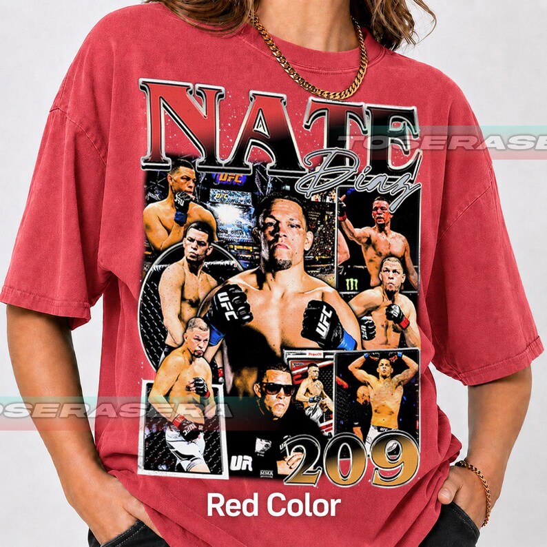 May include: A red short-sleeve t-shirt featuring a large graphic print of Nate Diaz. The design includes multiple images of the fighter in action, the text NATE DIAZ, and the number 209. The shirt has a vintage-style wash and a crew neckline.