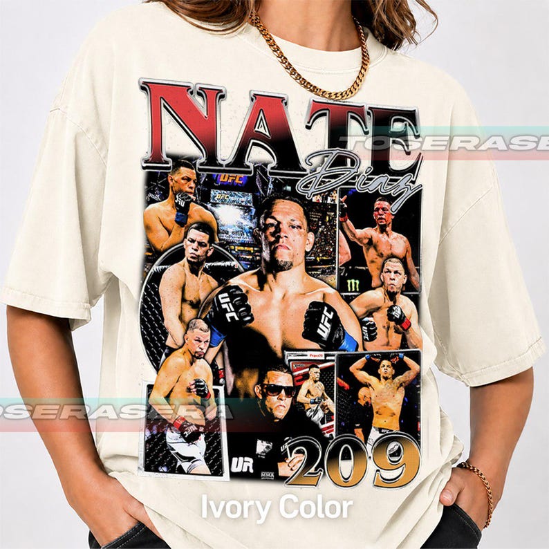 May include: An off-white short-sleeve t-shirt featuring a large graphic print of Nate Diaz. The design includes multiple images of the fighter in action, the text NATE DIAZ in bold red and black lettering, and the number 209 in large gold font.