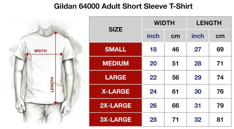 K&ouml;nnte beinhalten: Bild eines Gildan 64000 Adult Short Sleeve T-Shirts mit Gr&ouml;&szlig;entabelle. Die Tabelle zeigt Ma&szlig;e in Zoll und cm f&uuml;r Breite und L&auml;nge. Die Gr&ouml;&szlig;en reichen von Small (46 cm Breite, 69 cm L&auml;nge) bis 3X-Large (71 cm Breite, 81 cm L&auml;nge).